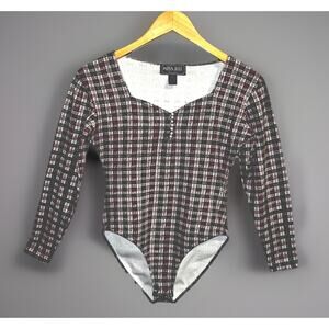 Vtg Miss Juli Bodysuit Top Leotard Purple Green Plaid Faux Pearl Buttons -Sz M
